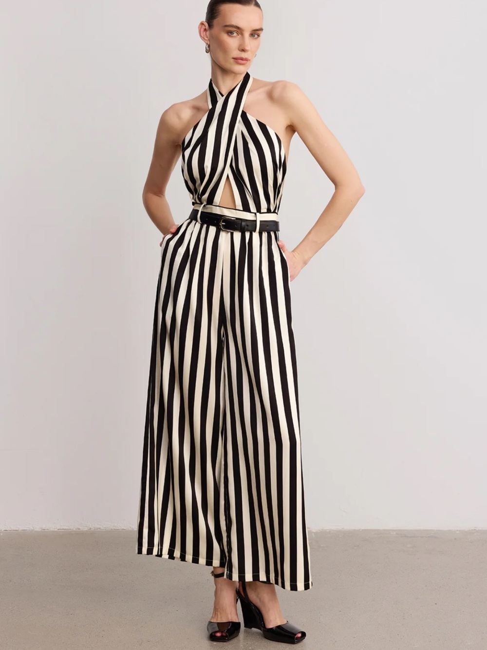 Commense Black and Cream Vertical-Stripe Halter Jumpsuit